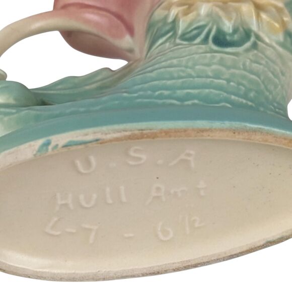 Vintage Hull Pottery Cornucopia Vase: Pink & Turquoise Waterlily, 1940s Art Deco - Picture 5 of 8